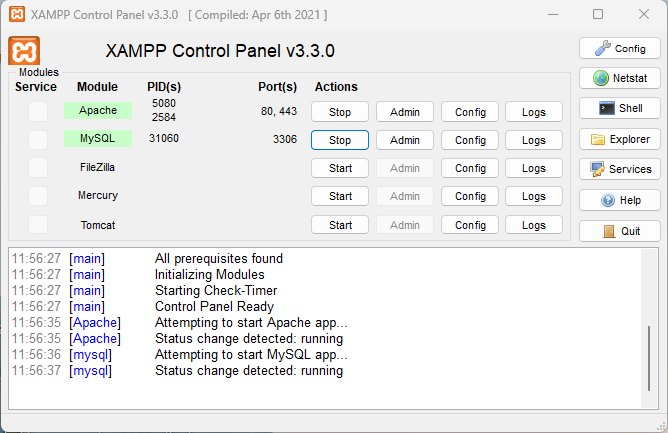 Zagon Apache in MySQL v XAMPP