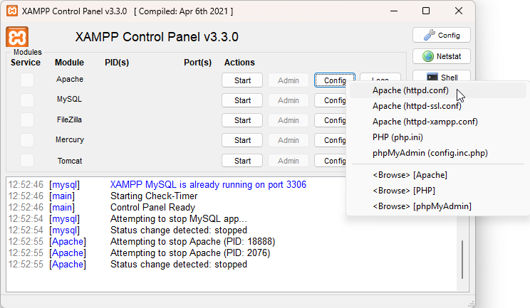 Odpiranje konfiguracijske datoteke Apache httpd.conf