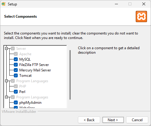Izbira namestitvenih komponent XAMPP