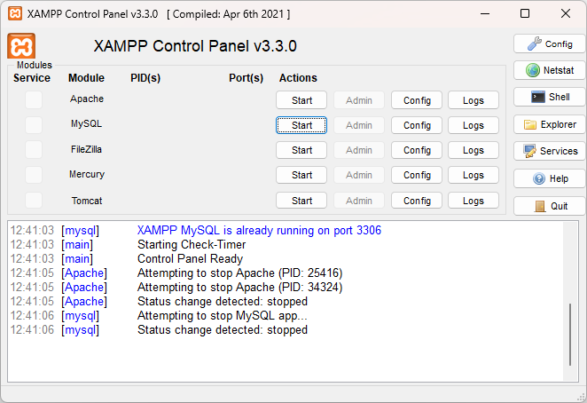 Nadzorna plošča XAMPP